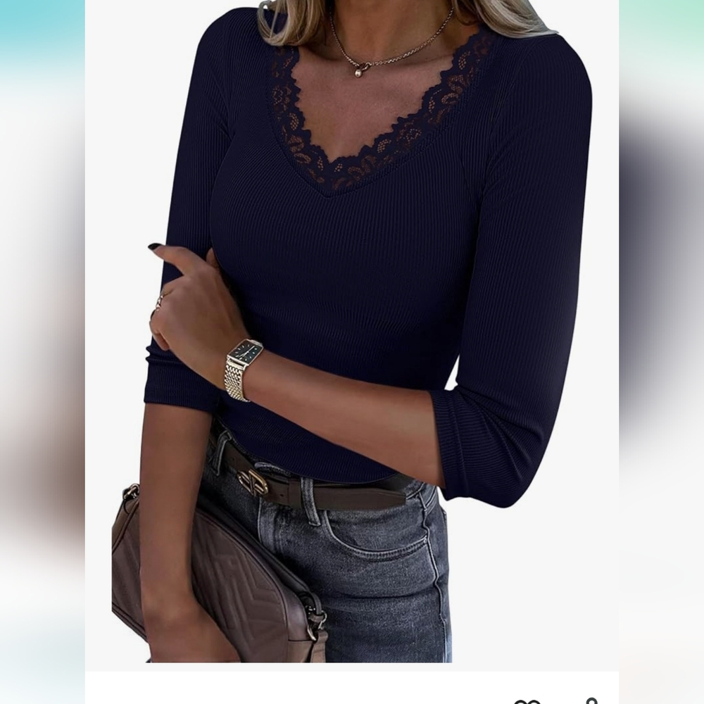 Elegant Navy Lace Trim Top Never Worn